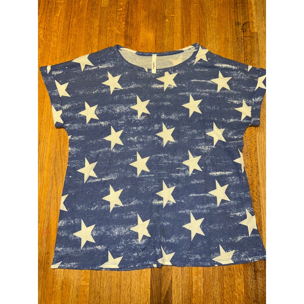 GeeGee Women Large Blue White Star Print Waffle Knit Cuffed Short Sleeve Top
